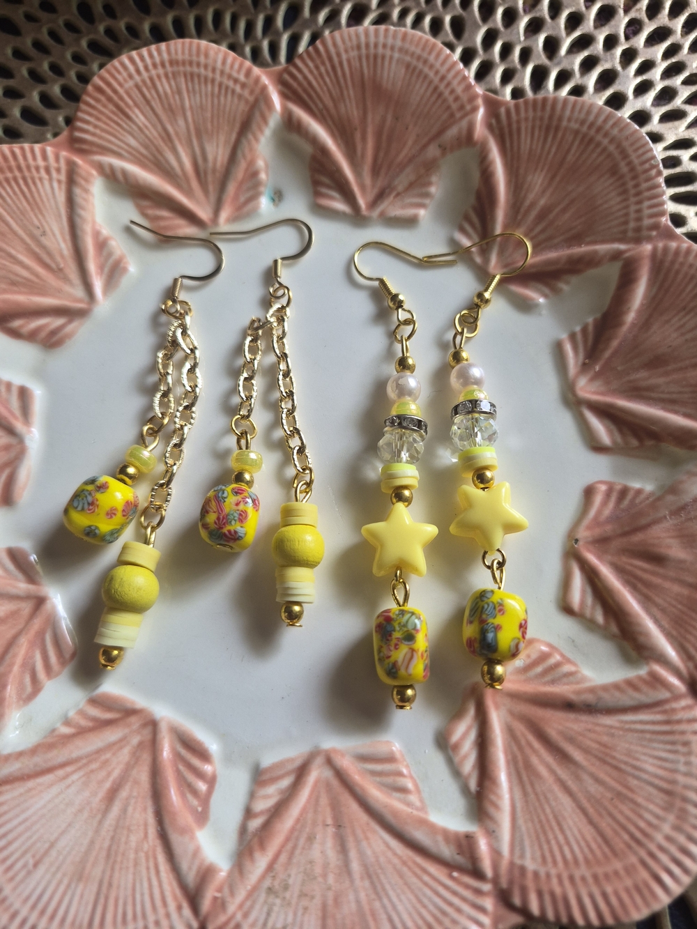 Handmade Yellow Bead & Star Dangle Earrings - Gold Tone